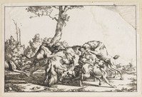 KG 04373
<br/>
Wolf, aangevallen door vier honden
<br/>
<em>Bije, Marcus de (1639-ca. 1690)</em>